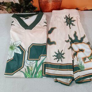 EUC: Manfinity Sz Large Cream & Green Retro Graphic Mesh Jersey & Short Set